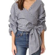 MLM Label Salo Wrap Gingham Black White Balloon Sleeve Details Top Medium Shirt