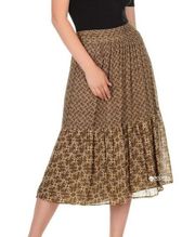 Massimo Dutti Floral Print High Waist Ruffled Midi Skirt Olive Green Size S NWT