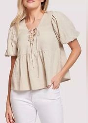 Lost + Wander Coastal Dreams Puff-Sleeve Lace Up Blouse XS/S Babydoll Peplum