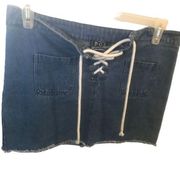 Pol size large dark blue denim mini skirt white lace up the front waist 34”