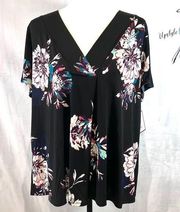 Dana Buchman pleated V-neck black floral top size XXL NWT