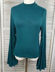 SHYANNE Rib Knit Mock Neck Top Bell Sleeve Deep Teal-Large