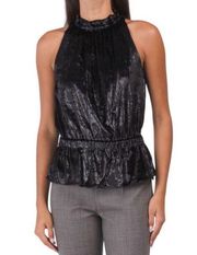 ramy brook lonny shimmer velvet black sleeveless peplum tank top