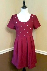 NEW ModCloth Doe & Rae Burgundy Pleated Skirt Beaded Bodice Short-Sleeve Dress L