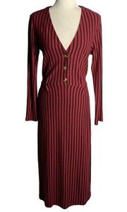 Velvet Heart Striped Midi Dress M Red Black V Neck Long Sleeve Tie Belt Goth