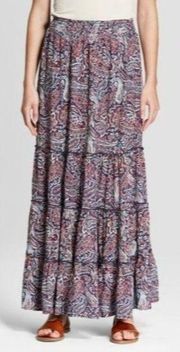 Knox Rose Womens Tiered Paisley Print Maxi Skirt Size L Red Blue Pull On Boho