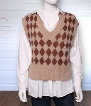 Sincerely Jules Argyle Patterned Cropped Sweater Vest Tan & Brown Size XS