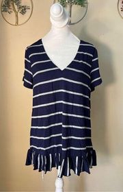 NWT! Chaser Navy Blue Gray Stripe Strappy Double V Peplum Cool Jersey Tee Medium