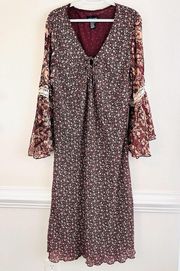 MINT JULEP Dark Red Floral Long Flowy Boho Bohemian Bell Sleeve Dress Plus Sz 3X