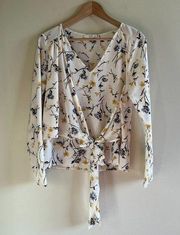 Le Lis Floral Print Tie Front Blouse Top Womens Size M Made in USA Ivory