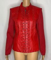 Peter Nygard Red Leather Jacket Studded Ruffle Full Zip Standing Collar