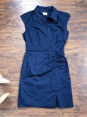 MILLY • Maxwell Ruched Poplin Shirtdress navy cap sleeve sheath dress fitted