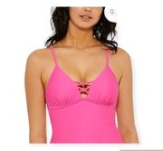 Hula Honey  Pink Strappy Adjustable Stretch Deep V Neck Molded swim top Size M