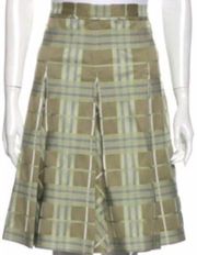 Burberry green cotton silk blend pleated knee length skirt