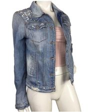 7FAM Pearl Embellished Distressed Denim Jacket