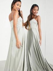 ASOS satin cami maxi bridesmaid dress with full skirt in sage green