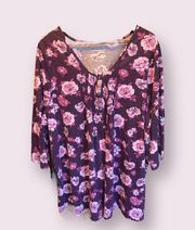 Woman Within Floral V-Neck Pintucked Tunic in Purple - size 30/32