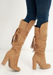 LULU’s Take Aim Camel Suede Knee High Heel Boots 7.5 NWOT