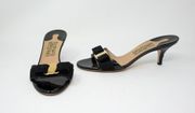 Salvatore Ferragamo Black Patent Leather Gold Logo Buckle Open Toe Heel Sandals 