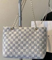 Large Grey and White Checkered Tote Bag
