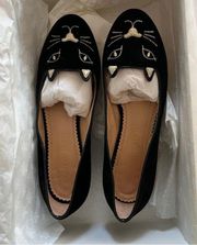 Charlotte Olympia Vintage Kitty Velvet Cat-Embroidered Flat, Black/Gold