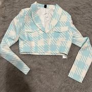 New  Blue Houndstooth Cropped Blazer