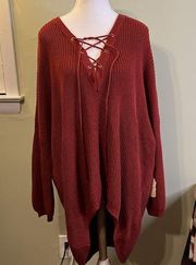 Altar’d State longline oversized crisscross tie v-neckline cinnamon sweater