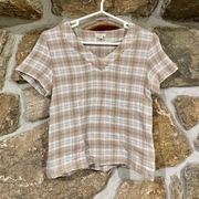 Tan/White Plaid Earth Tones Boho V-Neck Organic Gauze Cotton Top