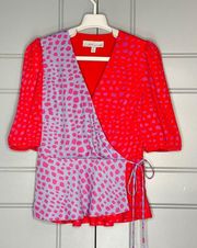 Adelyn Rae Anthropologie Lorna Wrap Top Red Periwinkle  Bishop Sleeve Size Small