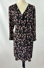 Rebecca Taylor Dress Black Animal Print 6 Long Sleeve Sheer Knee Length V-neck