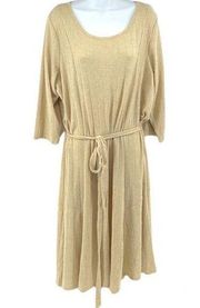 Nina Leonard sweater dress gold metallic cream ribbed long sleeve belted NEW 2X