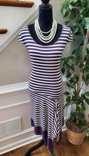 Sophie Max Women's White & Purple Striped Rayon Short Sleeve Knee Length Dress L