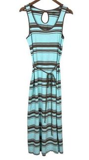 Horny Toad Maxi‎ Dress Medium Mint Brown Striped Belted Sleeveless Summer