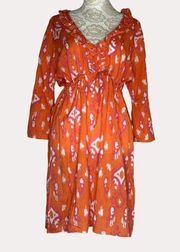 Mud Pie Bag Lady Tribal Linen Cinch Ruffle Mini Dress Tunic Orange S bv