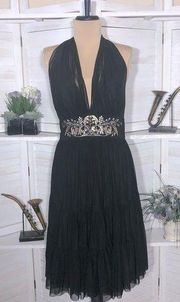 Maggy London super sexy black chiffon halter backless tiered cocktail dress sz 8