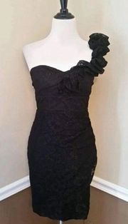 NEW Modcloth Mystic Black Lace Sheath One Shoulder Ruched Dress LBD Medium