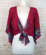 Band of Gypsies Bell Sleeve Front Tie Shrug Women M Red Print Kimono Boho Hippie