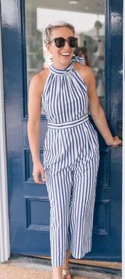 J Crew blue striped wide leg jumpsuit size 4 vacation beach blogger favorite