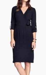 H&M navy crepe wrap dress with roll tab sleeves