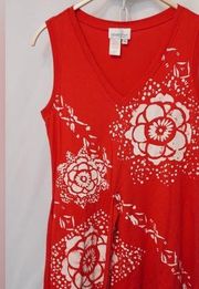 COLDWATER CREEK RED WHITE TRIBAL FLORAL TIE FRONT FLOWY TANK SHIRT BLOUSE TOP
