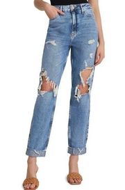 River Island Carrie Ripped High Waist Mom Jeans Medium Blue