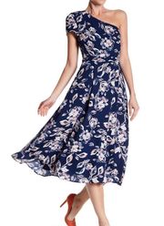 Navy Blue Floral One Shoulder A-Line Midi Dress