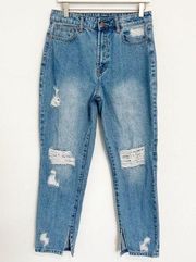 Windsor Denim High Rise Distressed Side Slit Hem Mom Jeans Pants Blue Size 9/ 30