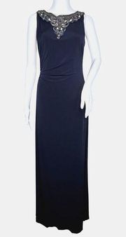 David Meister Dress Womens 4 Blue Beaded Embellished Neck Gown Party Formal