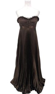 Badgley Mischka Brown Lace Strapless Pleated Evening Gown Long Dress Size 4