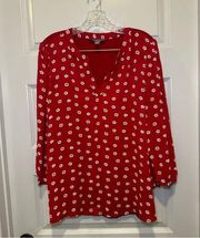 Market & Spruce Red Print Split V Neck 3/4 Sleeve Blouse size XL