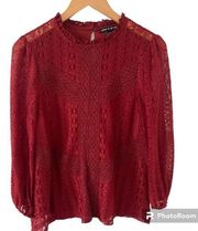 Cable & Gauge Red Wine Crochet Lace Sleeves Mock Neck Blouse in Size M