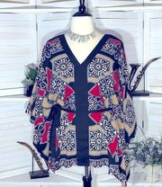 Nicole Miller boho oversized kimono style red black tan floral tunic blouse XL