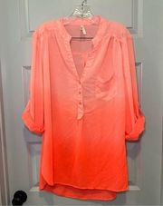 Truth NYC Neon Pink-Orange Ombre 3/4 Roll Tab Button Up Blouse 1X