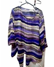 Chico's Womens Sz 3 Sheer Purple Stripe Tie Front Blouse Polyester 3/4 Sleeve